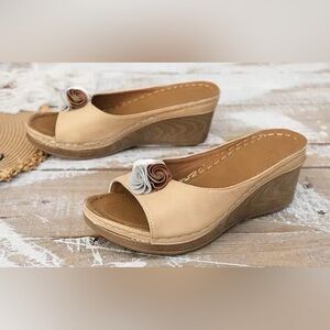 Blush Color Floral Boho Wedge Open Toe Slip On Chucky Comfort Shoe  Size 8